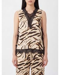 Ganni - Zebra-Print Satin Blouse With A V-Neck And Lace Inserts - Lyst