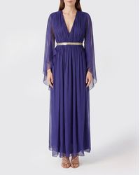 Alberta Ferretti - Sleeveless Pleated Silk Long Evening Gown With V-Neck - Lyst