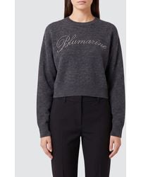Blumarine - Rhinestone Logo Wool Crewneck Jumper With Dropped Shoulders - Lyst