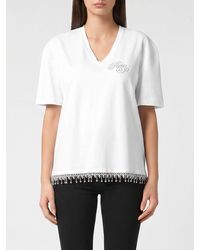 Philipp Plein - Cotton V-Neck T-Shirt With Rhinestone Logo And Fringed Hem - Lyst