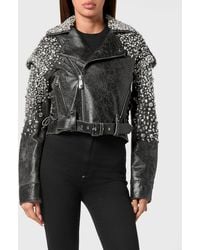 Philipp Plein - Cropped Leather Biker Jacket With Crystals And Belt - Lyst