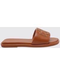 Tory Burch - Double T Sport Smooth Leather Slide Sandals With Logo - Lyst