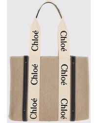 Chloé - Chlo&Eacute Woody Linen Tote Bag With Printed Logo And Double Handle - Lyst