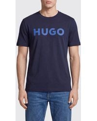 HUGO - Crewneck Cotton T-Shirt With Contrasting Logo - Lyst