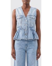 Ganni - Slim Fit V-Neck Denim Top With Flounces - Lyst
