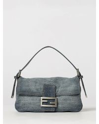 Fendi - Baguette Cotton Denim Shoulder Bag With Ff Monogram - Lyst