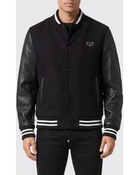 Philipp Plein - Wool And Leather Varsity Bomber Jacket With Skull Embroidery And Rhinestones - Lyst