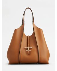 Tod's - T Timeless Grained Calfskin Shopping Bag With Logo - Lyst