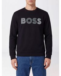 BOSS - Printed Logo Cotton Crewneck Sweatshirt With Ribbed Trims - Lyst