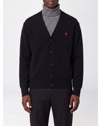 Ami Paris - V-Neck Wool Cardigan With Contrast Embroidered Logo - Lyst