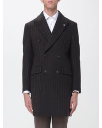Manuel Ritz - Pinstriped Wool Double-Breasted Coat With Peak Lapels - Lyst