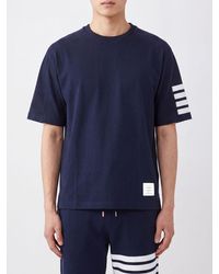 Thom Browne - Cotton Crewneck T-Shirt With Iconic 4-Bar Stripe On The Sleeve - Lyst
