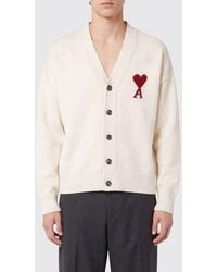 Ami Paris - V-Neck Pure Wool Cardigan With Contrast Logo - Lyst