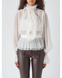 Elisabetta Franchi - Sheer Tulle Blouse With Ruffled Collar And Puff Sleeves - Lyst