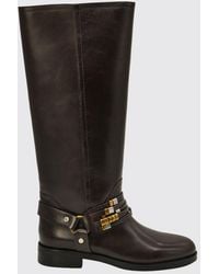 Pinko - Embroidered Calfskin Knee-High Boots With Logo - Lyst