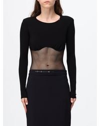 Elisabetta Franchi - Sheer Mesh Long-Sleeved Top With Padded Shoulders - Lyst