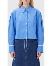 Ganni - Cotton Shirt With Balloon Sleeves And Drawstring Hem - Lyst