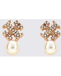 Tory Burch - Double T-Plated Brass Stud Earrings With Pearls And Crystals - Lyst