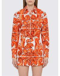 Dolce & Gabbana - Dolce &Amp Gabbana Cropped Cotton Shirt With Maioliche Print And Front Tie - Lyst