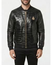 Billionaire - Crocodile Leather Bomber Jacket With Crest And Elasticated Cuffs - Lyst