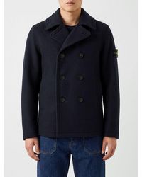 Stone Island - Double-Breasted Wool Peacoat With Compass Logo Patch - Lyst