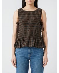 Ganni - Sleeveless Tartan Print Organic Cotton Top With Tie Fastenings - Lyst