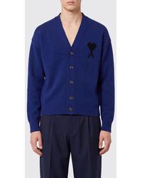 Ami Paris - V-Neck Pure Wool Cardigan With Contrast Logo - Lyst