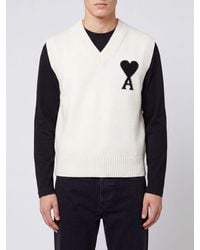 Ami Paris - V-Neck Wool Knit Jumper Vest With Contrast Logo - Lyst