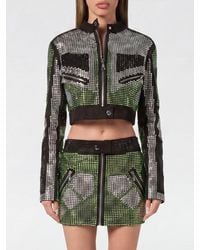 Philipp Plein - Cropped Suede Biker Jacket With Rhinestones - Lyst