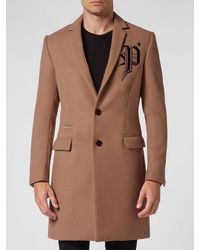 Philipp Plein - Knee-Length Single-Breasted Viscose Coat With Embroidered Logo - Lyst