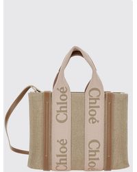 Chloé - Chlo&Eacute Small Woody Linen Canvas Tote Bag With Logo Ribbon Handles - Lyst