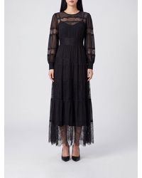 Twinset - Georgette And Lace Midi Dress With Long Sleeves And Crew Neck - Lyst