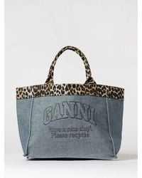 Ganni - Cotton Denim Tote Bag With Animal Print Trims - Lyst