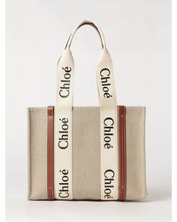 Chloé - Chlo&Eacute Woody Linen Tote Bag With Printed Logo And Double Handle - Lyst