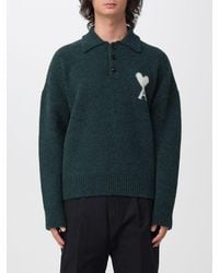Ami Paris - Alpaca Wool Blend Knitted Polo Shirt With Jacquard Logo - Lyst