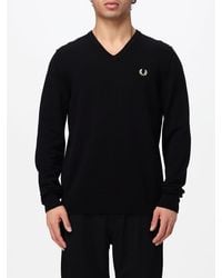 Fred Perry - V-Neck Wool And Cotton Blend Jumper With Embroidered Logo - Lyst