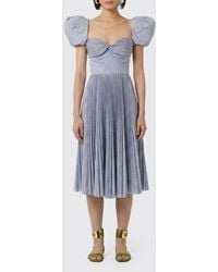 Elisabetta Franchi - Pleated Crêpe Midi Evening Dress With Puff Sleeves - Lyst