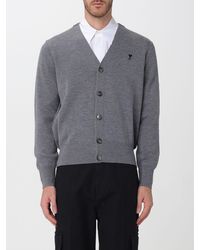 Ami Paris - V-Neck Wool Cardigan With Contrast Embroidered Logo - Lyst