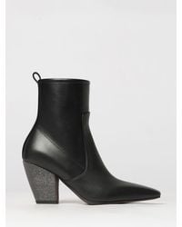 Brunello Cucinelli - Leather Ankle Boots With Flared Heel And Monili - Lyst