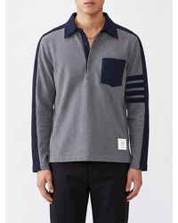Thom Browne - Long-Sleeved Bicolor Cotton Polo Shirt With 4-Bar Logo - Lyst