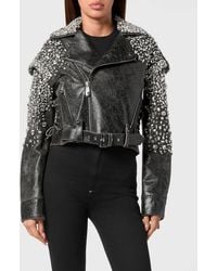 Philipp Plein - Cropped Leather Biker Jacket With Crystals And Belt - Lyst