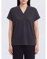 Brunello Cucinelli - Cotton V-Neck T-Shirt With Monili Embellishment - Lyst