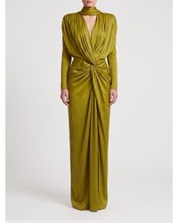 Balmain - Padded Shoulder Draped Silk Long Gown With Scarf Neck - Lyst