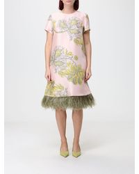 La DoubleJ - Floral Print Silk Midi Evening Dress With Feather Details - Lyst