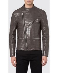 Billionaire - Slim Fit Crocodile Leather Biker Jacket With High Collar - Lyst