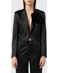 Philipp Plein - Cropped Satin Blazer With Floral Appliqué And Peak Lapels - Lyst