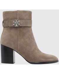 Tory Burch - Suede Ankle Boots With Double T Logo And High Heel - Lyst