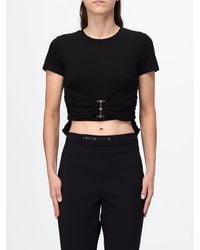 Elisabetta Franchi - Cropped Cotton T-Shirt With Metal Logo Plaque - Lyst