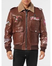 Philipp Plein - Leather Aviator Bomber Jacket With Logo Patch - Lyst