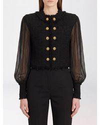 Balmain - Cropped Tweed Spencer Jacket With Puff Sleeves And Frayed Details - Lyst